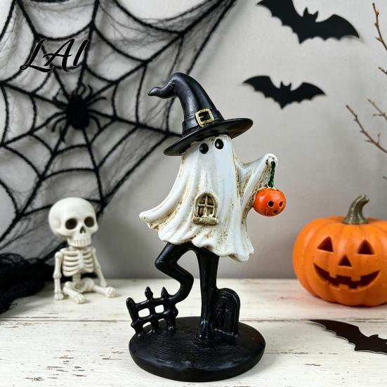 Halloween Ghost Figurine Resin Figurine Vintage Cute Holding Mysterious Witchy Tabletop Display Pumpkin Lantern Statue for Indoor Home Table