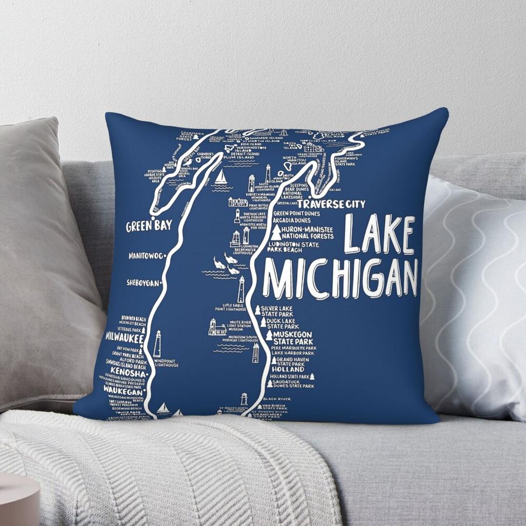 Lake Michigan Map Square Pillowcase Polyester Linen Velvet Pattern Zip Decor Car Cushion Cover