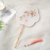 Handmade Embroidery Ancient Style Long Handle Fan Classical Flower Shape Fan  Summer