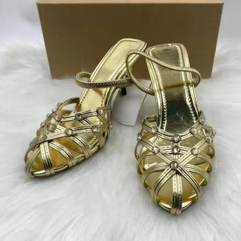 Fashion Sexy Gold Narrow Band High-heel Sandals Women Luxury Rhinestone Decorated Brand Designer Shoes Cozy Elegant Evening Dress Shoes