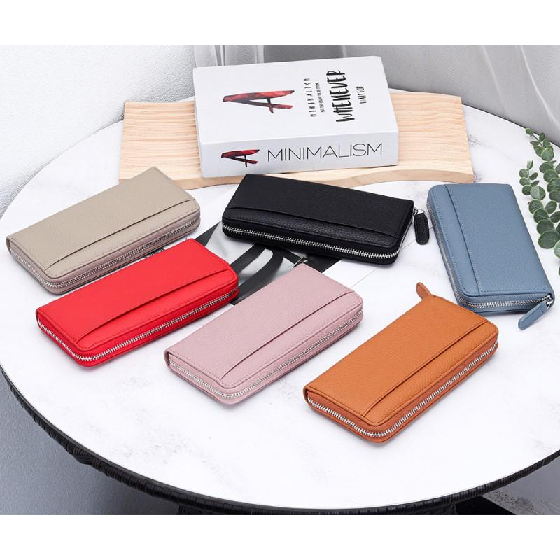 RFID Cowhide Women's Long Wallet Large Capacity Zipper Clutch Anti-theft Brush