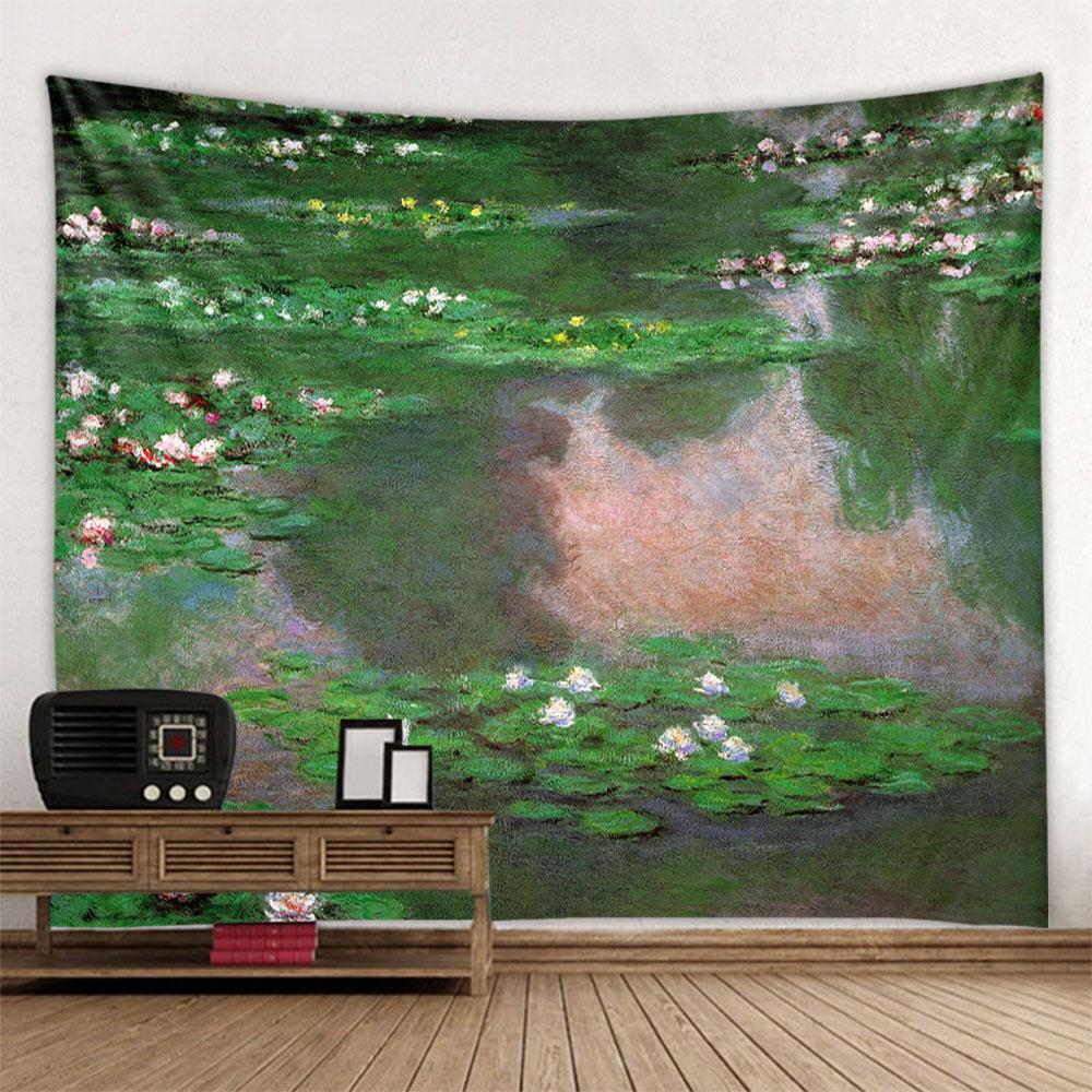 Retro oil painting, water lily print, tapestry, flower and plant wall hanging, home decoration, abstract aesthetic tapestry