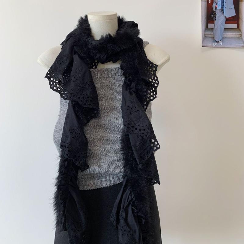 Sweet Korean Style Y2K Scarf Women Winter Soft Warm Scarf Harajuku Lace Patchwork Plush Scarf