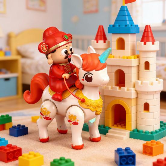 Electric God of Wealth Toy with Music LED Light Cartoon Riding Horse Fortune God Toy with Movable Joints Spring Festival New Year Gift