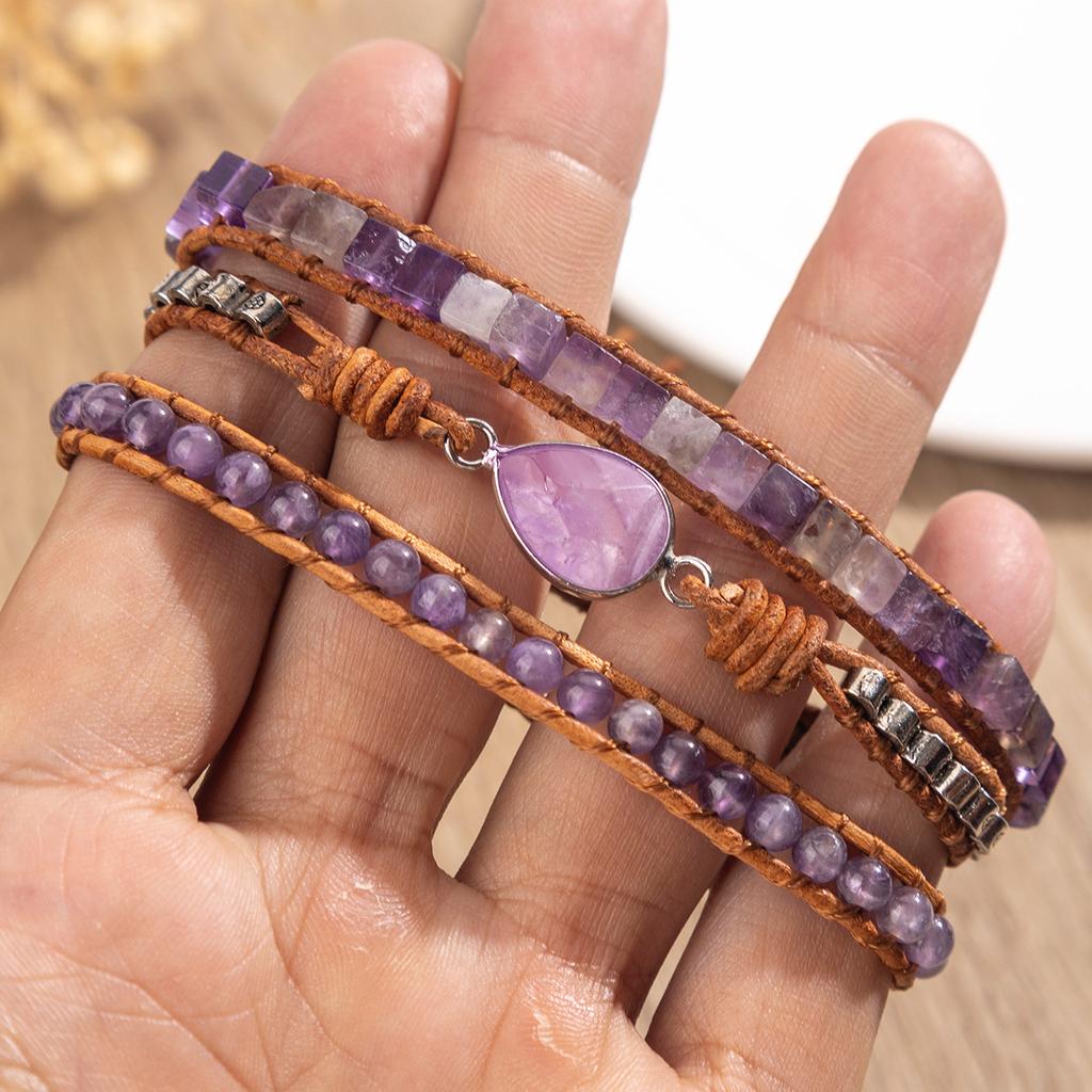 Přírodní náramek z ametystu, vícevrstvý pletený náramek, Bohémské šperky, Vánoční dárek, Dárečky do punčochy, Dárek na Valentýna, Dárek pro přítelkyni