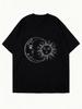 Black Oversized T Shirt With Moon And Sun Face Print For Casual Wear