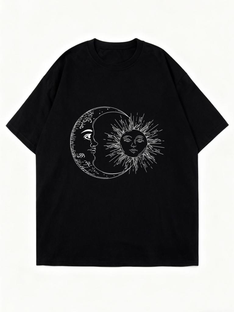 Black Oversized T Shirt With Moon And Sun Face Print For Casual Wear