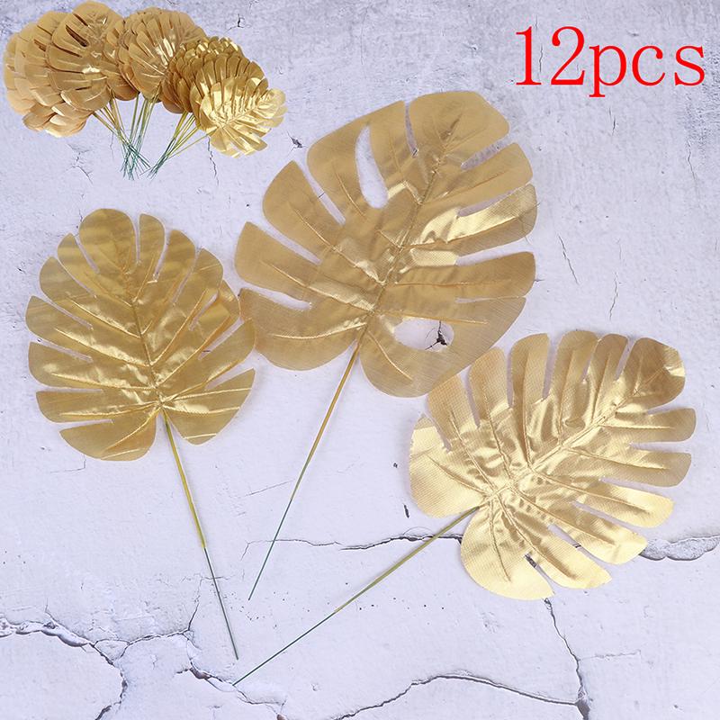 12 stk gull Kunstige falske palmeblader grønne planter Hjem bryllup DIY dekorasjon