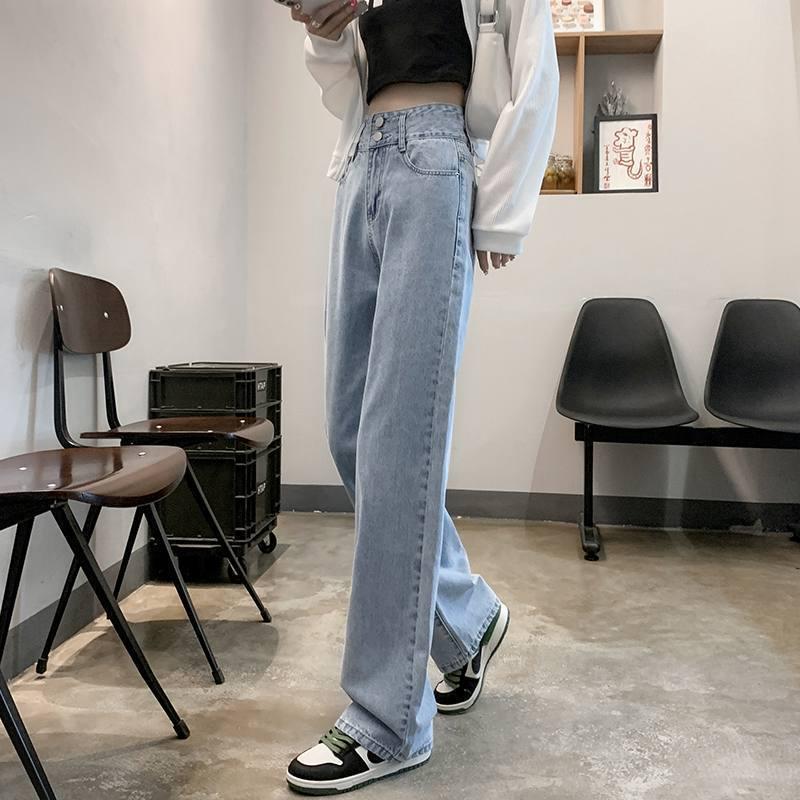 2024 Women's Black & Gray High-Waisted Wide-Leg Petite Jeans: Spring-Autumn Versatile Loose Straight-Leg Pants