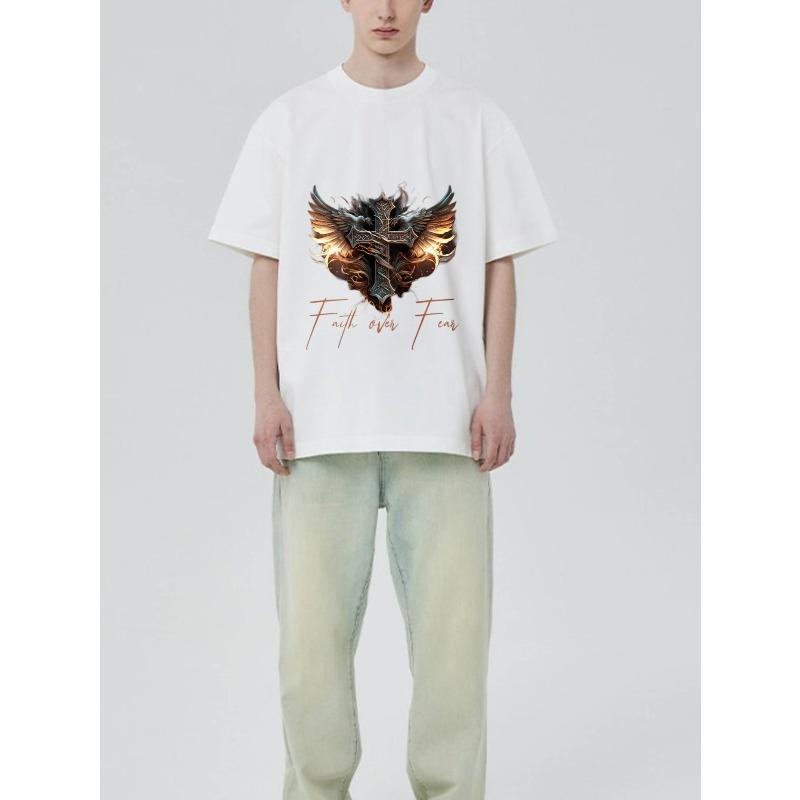 Faith Over Fear T Shirt Black Cross with Wings and Flames Design for Men Casual Wear Streetwear Fashion Statement Top