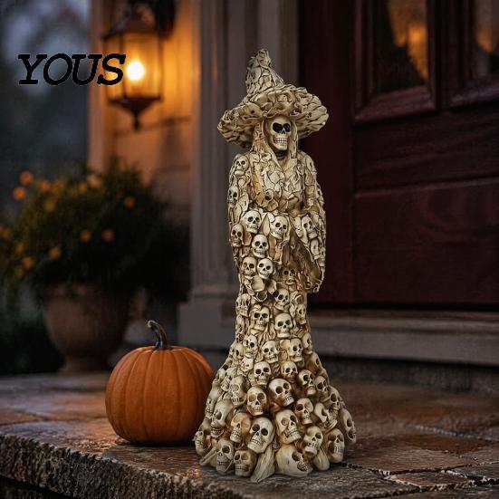 Halloween Skull Witch Statue Skeleton Resin Figurine, Gothic Statue, Spooky Outdoor Haunted House Prop Fantasy Ornament for Desk, Shelf,