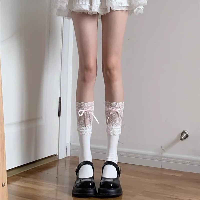 Różowa Seria Kokarda Wstążka Podkolanówki | Koronkowe Falbanki Wiązane Podkolanówki - Japońskie Podkolanówki do Połowy Łydki