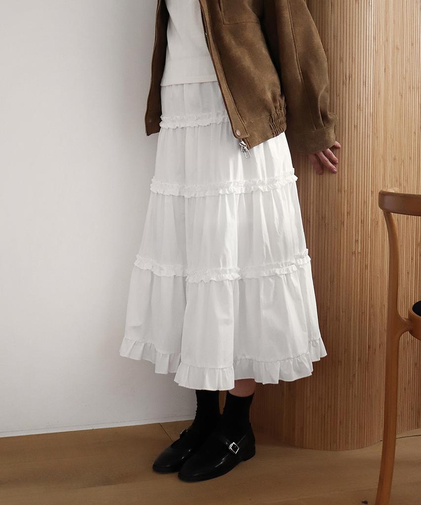 Moyora Tiered Frill Flare Elastic Long Skirt [White]