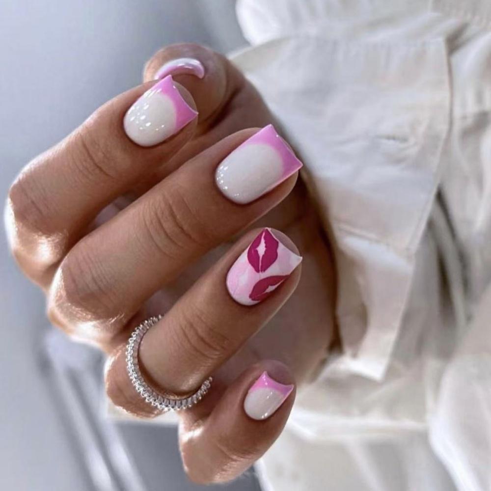24 Piezas Diseño de Perlas Longitud Media Ballet Cobertura Completa Cuadrado Uñas Postizas Puntas de Uñas Falsas Set de Manicura
