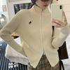 Double Zipper Stand-Up Neck Knitted Cardigan Women's Spring Pony Embroidered Design Long Sleeve Top Vintage Jacket