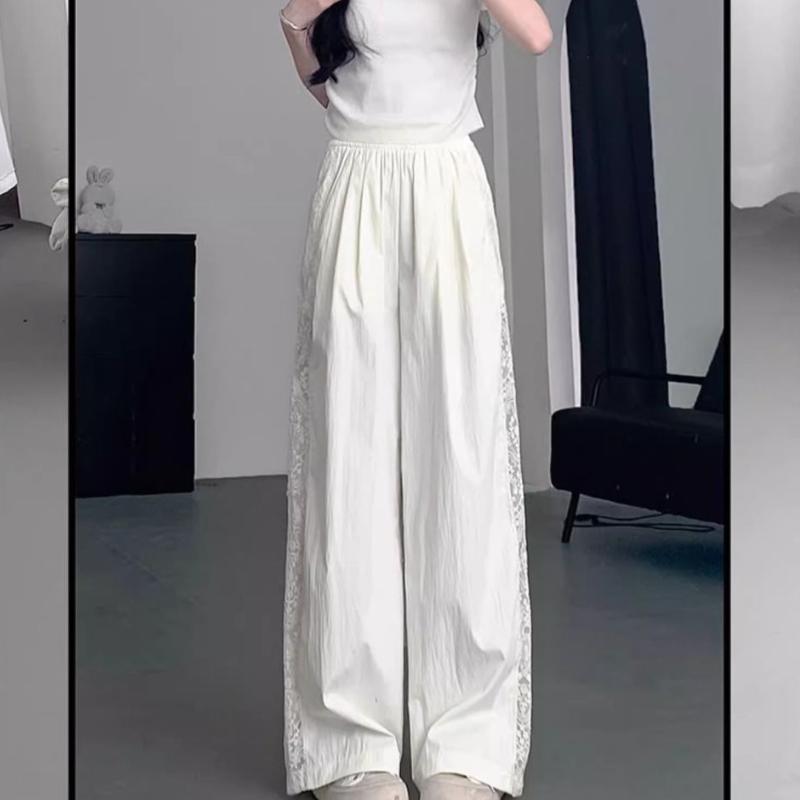 Patchwork Lace Loose Wide Leg Pants for Women Spring/Summer Design Hollow Casual Wide Leg Pants