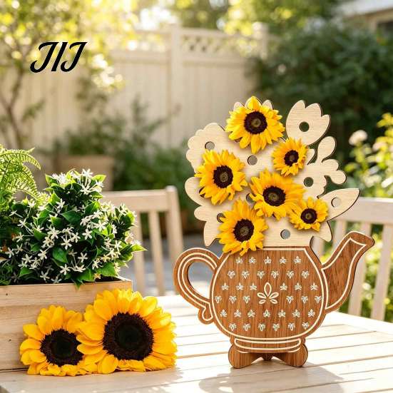 Teapot Shaped Ornament Wooden Shape Flower Holder, Natural Wood Floral Display Stand, DIY Log Decoration Blank Vase Decor for Artificial Arrangement,