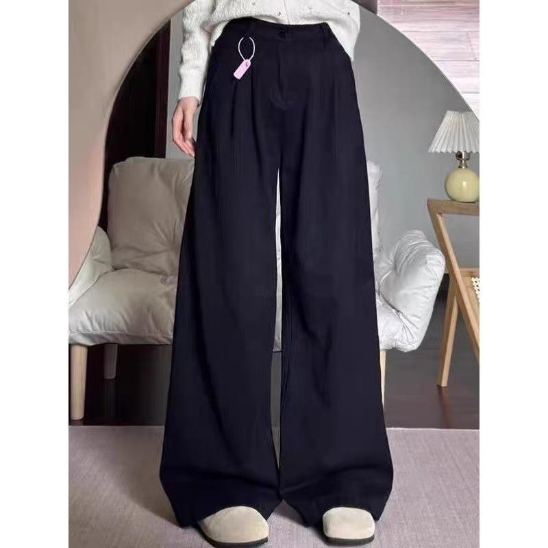 

Women s Retro Black High-Waist Pleated Jeans - Slimming, Textured, Straight, Wide-Leg Pants for Spring Extra Large