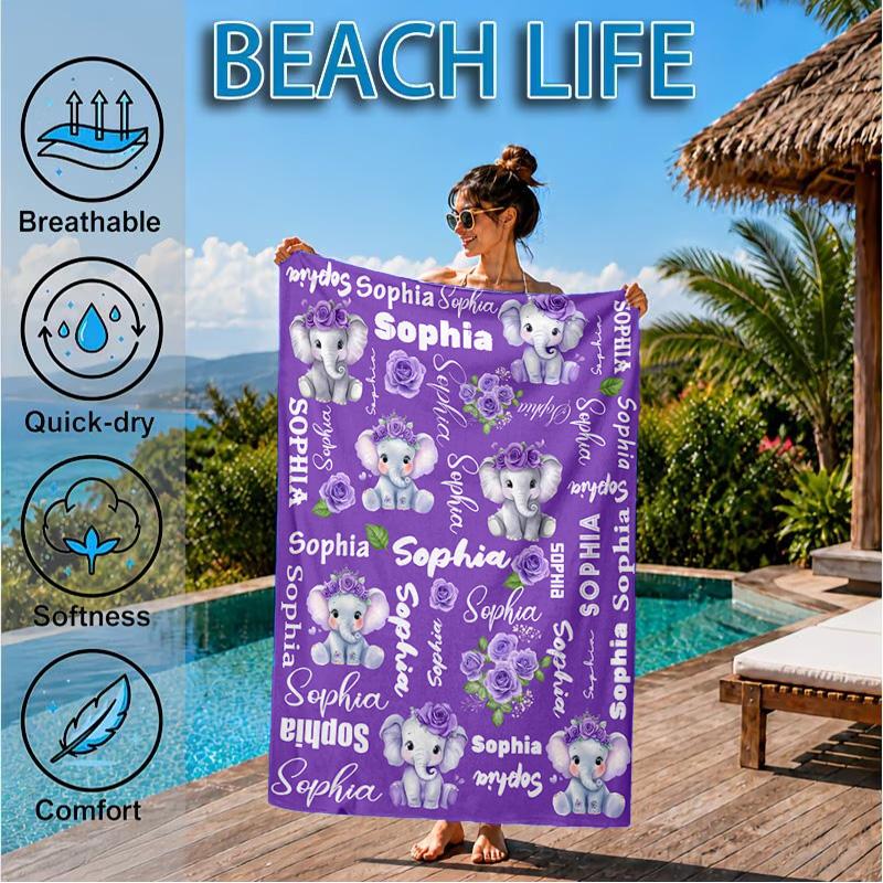 Custom Name Purple Elephant Beach Towel Microfiber Beach Towel, Lightweight and Quick-Dry, for Summer Travel, Swimming Pool Gift