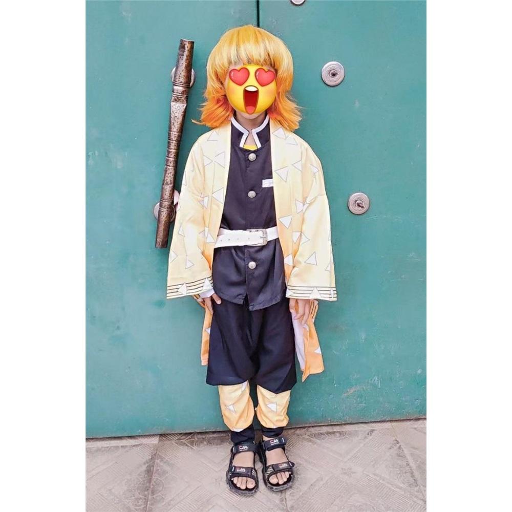 Agatsuma Zenitsu Cosplay Costume Wig Haori Embroidery Top Elastic Pants Belt Rose Net Cos Halloween Christmas Gift