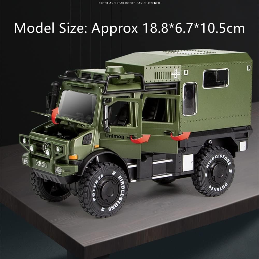 1/32 Scale Benz Unimog Alloy Model Car with Sound and Light, Pull Back Car Model for Kids Toys Party Gifts Collectible