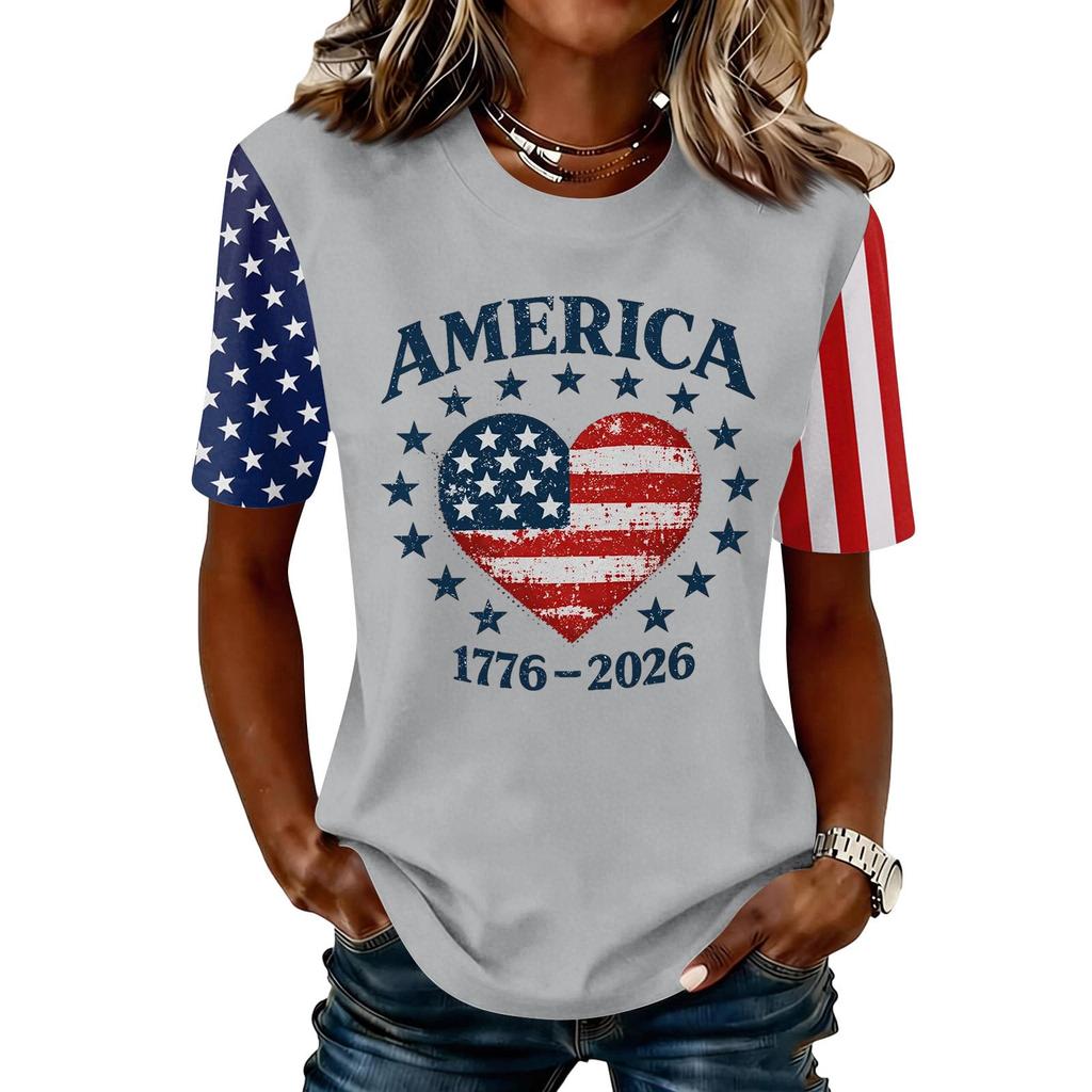 Blusa Feminina da Moda Casual de Manga Curta com Estampa e Gola Redonda