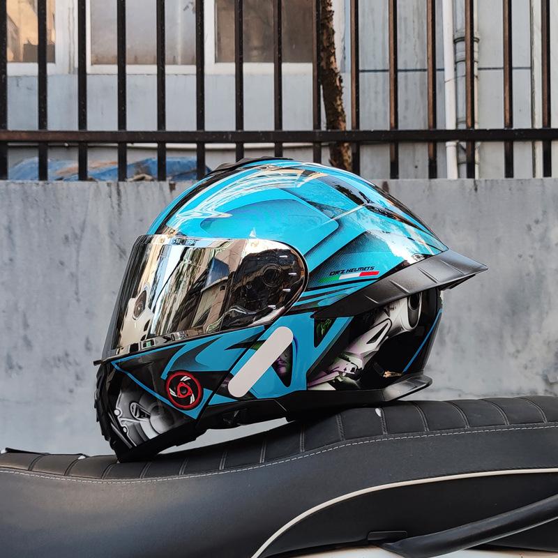 Motorcycle helmet Men's and women's face-off helmet Double mirror Winter tail semi-full cover Four Seasons Blue