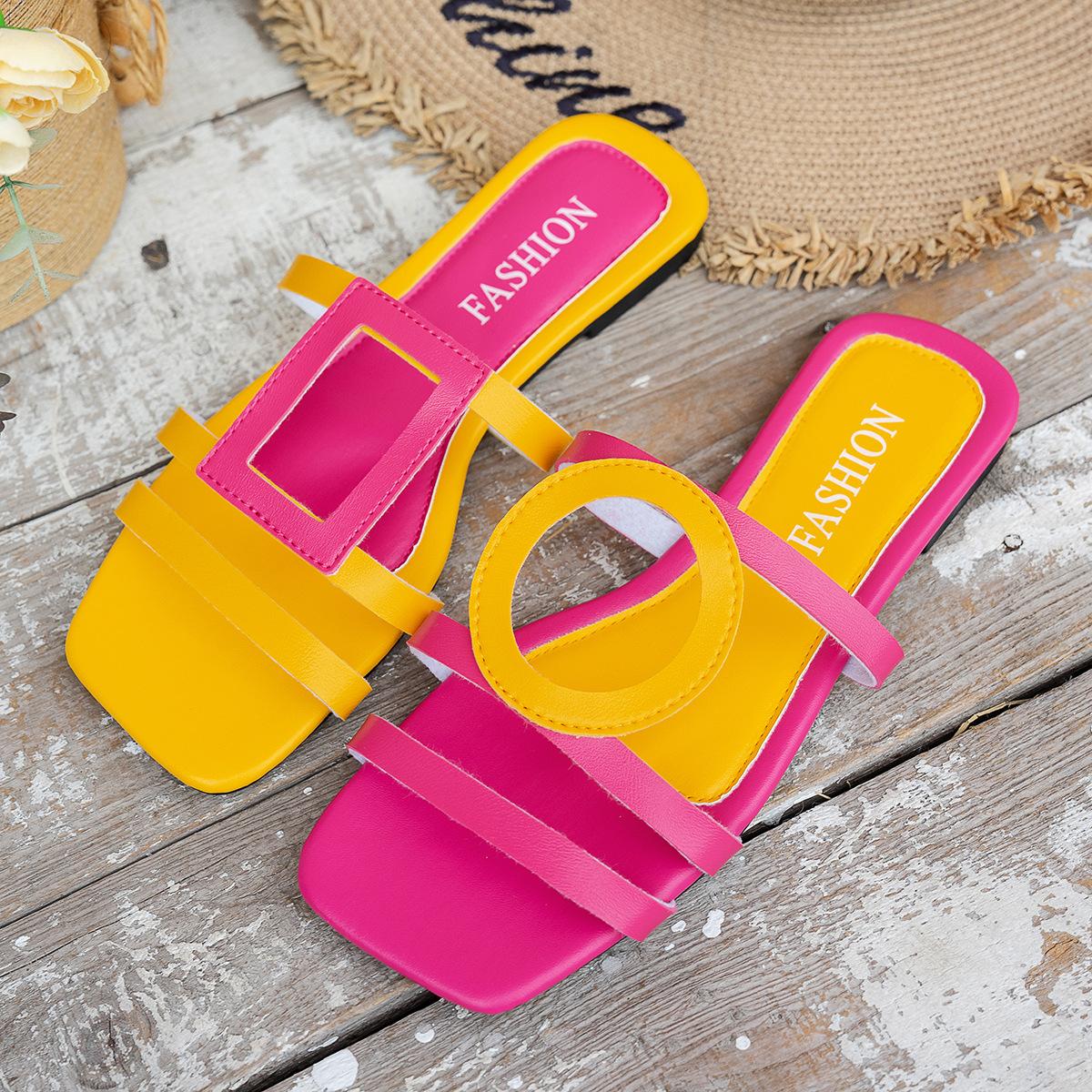 

Модные большие размеры 2025 новый цветной модный квадратный носок тренд темпераментная леди универсальные крутые шлепанцы 36 розы красного