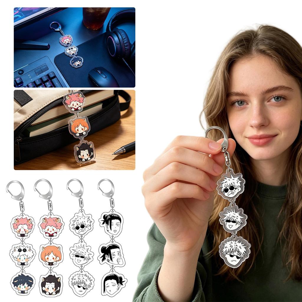 Acrylic Keychain Triple Pendant with Character Faces Design Durable Metal Ring and Swivel Clasp for Backpack Purse or Keys Accessory