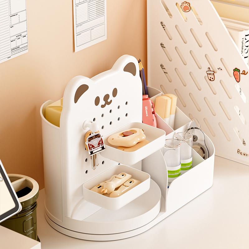 360° Rotating Bear Desktop Hole Board Organizer Rack Table Stationery Cosmetics Storage Drawer Multi-compartment Lipstick Boxes