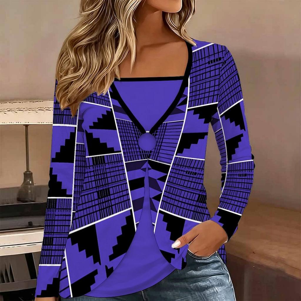 Tops for Women Distressed Floral Print Long Sleeve Fake Two‑Piece Top Fall Casual Slim Pullover Women's Long Sleeve Top