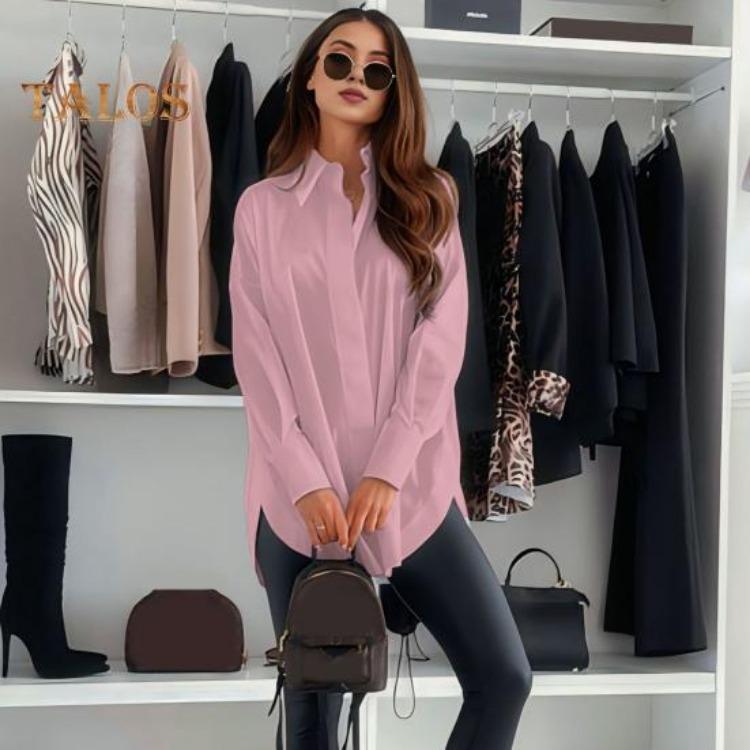 Office Lady Shirt Women Casual Lapel Long Sleeve Solid Color Loose Fit Tops Commuting Style Single Breasted Shirt