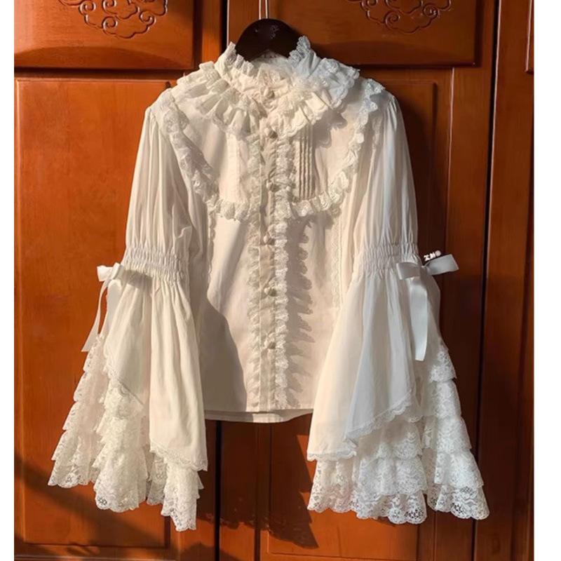 Blusa Estética Y2k para Mujer con Encaje Patchwork Dulce Linda Lolita Japonesa Manga Acampanada Camisas con Lazo Tops Sueltos Kawaii para Chica