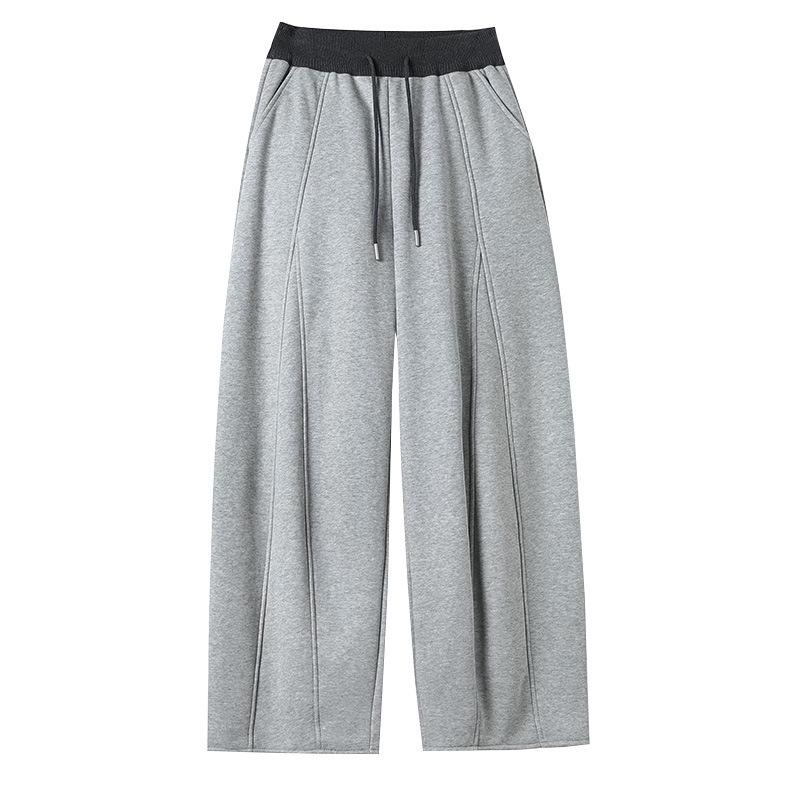 American Trendy Grey Curved-Leg Women's Plus Velvet Thickened Wide-Leg Sweatpants for Autumn/Winter