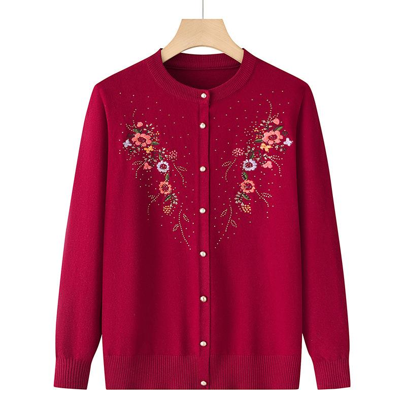 Women's Spring and Autumn Embroidery Knit Cardigan Jacket Middle-aged and Elderly Single-breasted Slim Sweater Clothing