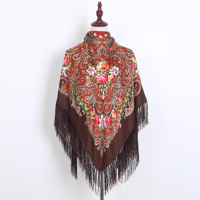 130*130cm Russian National Scarf Women Luxury Floral Bandana Fringed Ukrainian Shawl Big Size Handkerchief Babushka Head Wraps