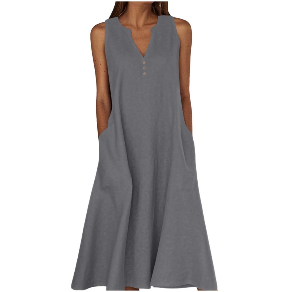 Women's Summer Casual V-neck Button Solid Color Sleeveless Long Dress With Pockets