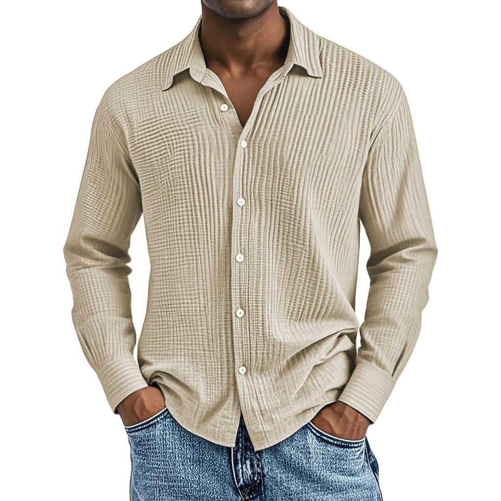 Men's Cotton Shirts Long Sleeve Casual Button Down Textured T-Shirt Loose Vacation Beach Lightweight Topsrt