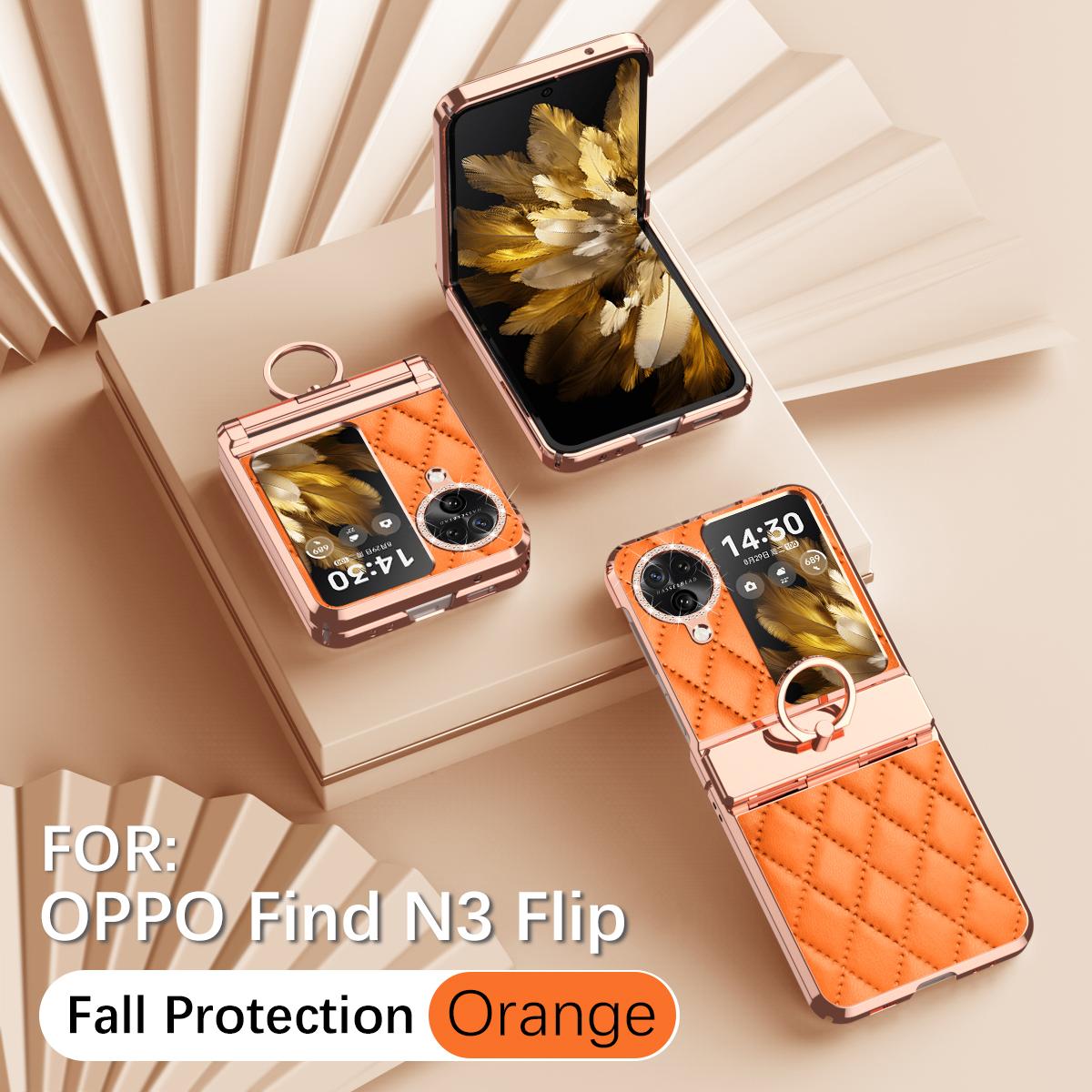 

Luxury Fashion Diamonds Leather Plating Ring Holder Phone Case For Oppo Find N3 Flip and N2 Flip Hinge Full Protection Cover PC and Leather&OPPO Find N2 Flip