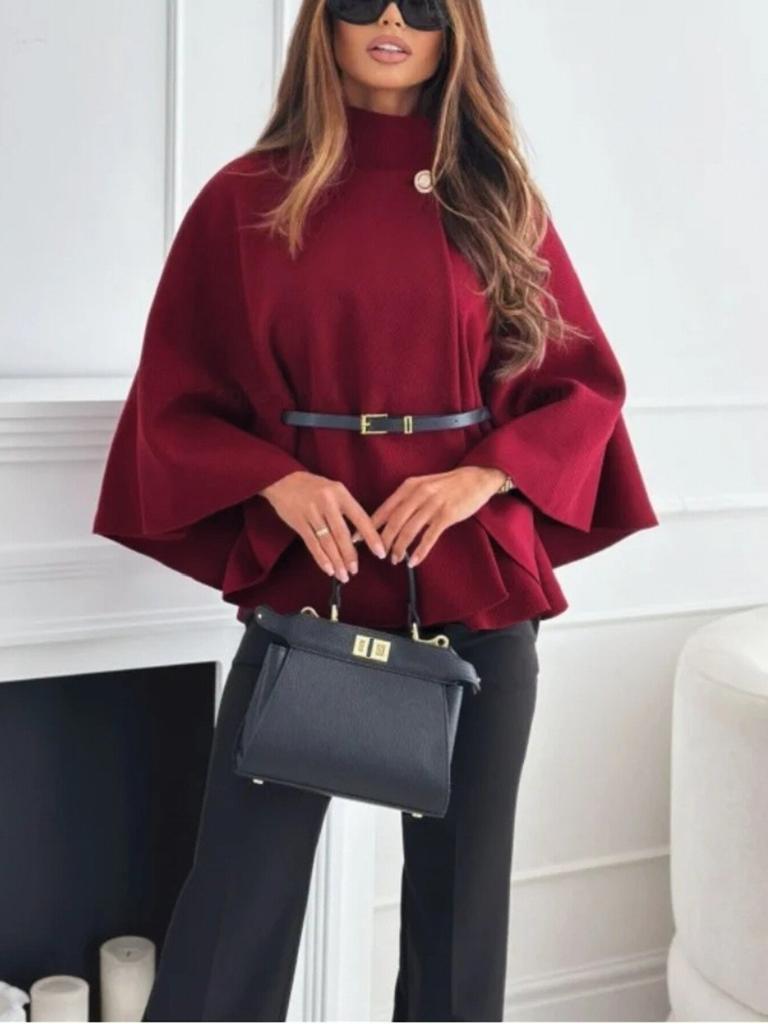 Moda Invernale Donna Stile Elegante Colore Puro Cintura con Cintura Cappotto Mantella in Lana