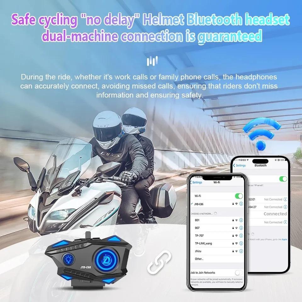JYD-C68 Motorcycle Helmet Bluetooth Headset BT5.4 Handsfree Call Wireless Noise Reduction Waterproof Headphone with RGB Light For Motocross Rider