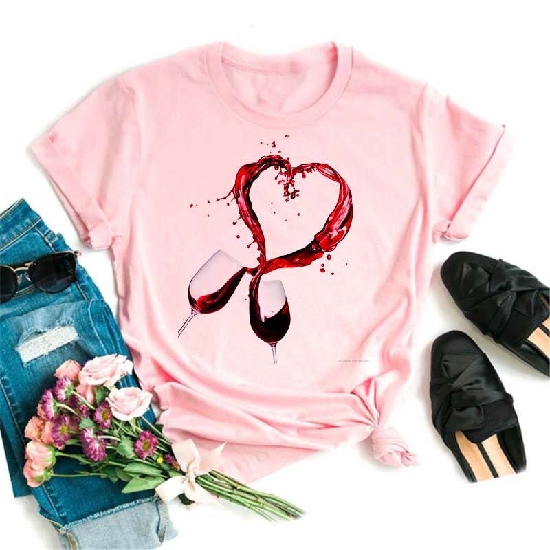 New Women T-Shirt Casual Short Sleeve T Shirt Women's Fashion Rose Red Wine Glass Printed Black T-Shirt Female Tops Tees