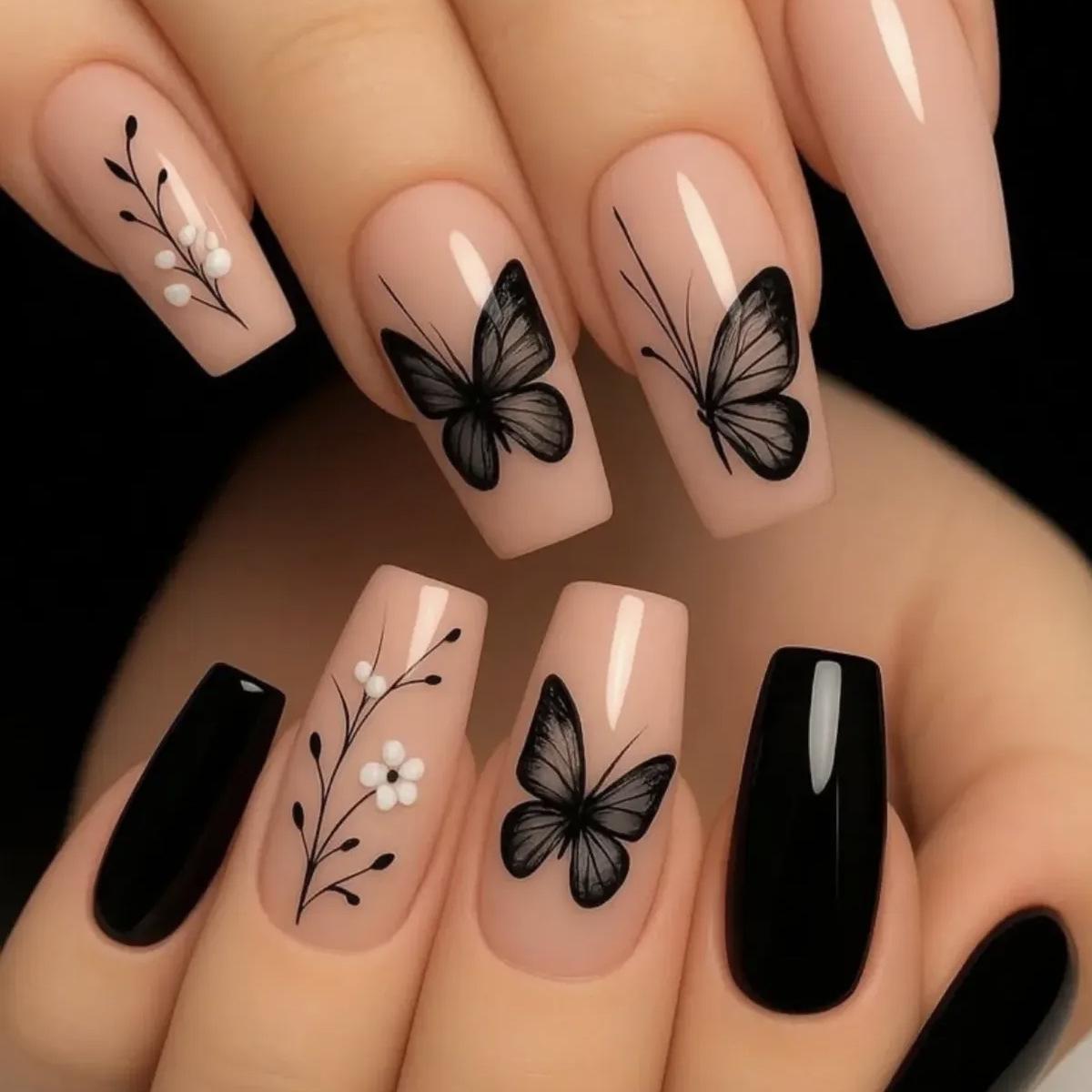 Medium-Long Ballet Shape Detachable Floral Bow Wearable False Nails