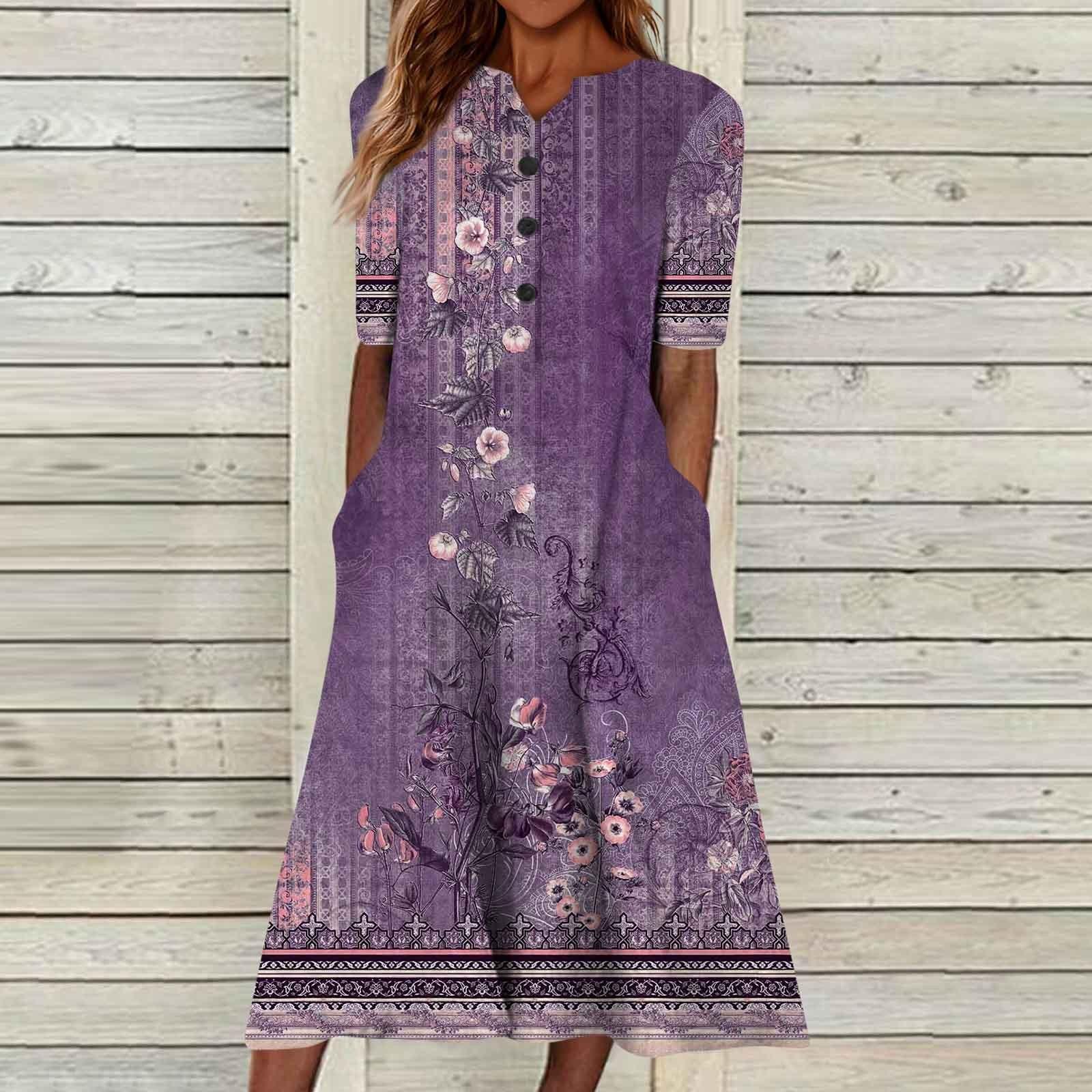 

Women s V-neck Short Sleeve Dress Polka Print Casual Dress With Pockets M фіолетовий
