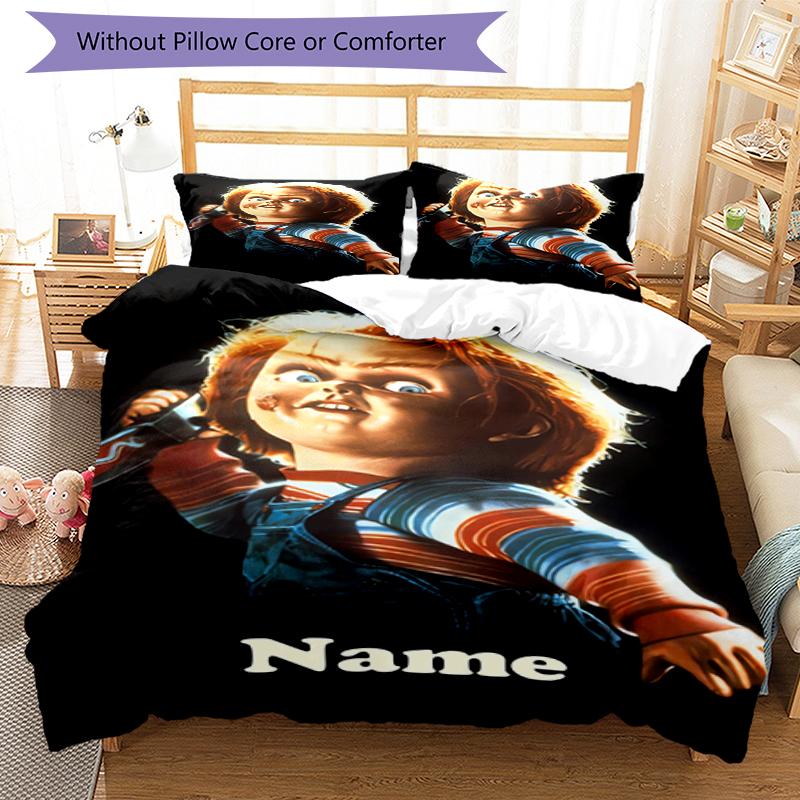 Set de lenjerie de pat Chucky cu nume personalizat 3 buc. Închidere cu fermoar pentru husa de pilotă Include 1 husă de pilotă și 2 fețe de pernă, Moale și confortabil pentru toate anotimpurile.