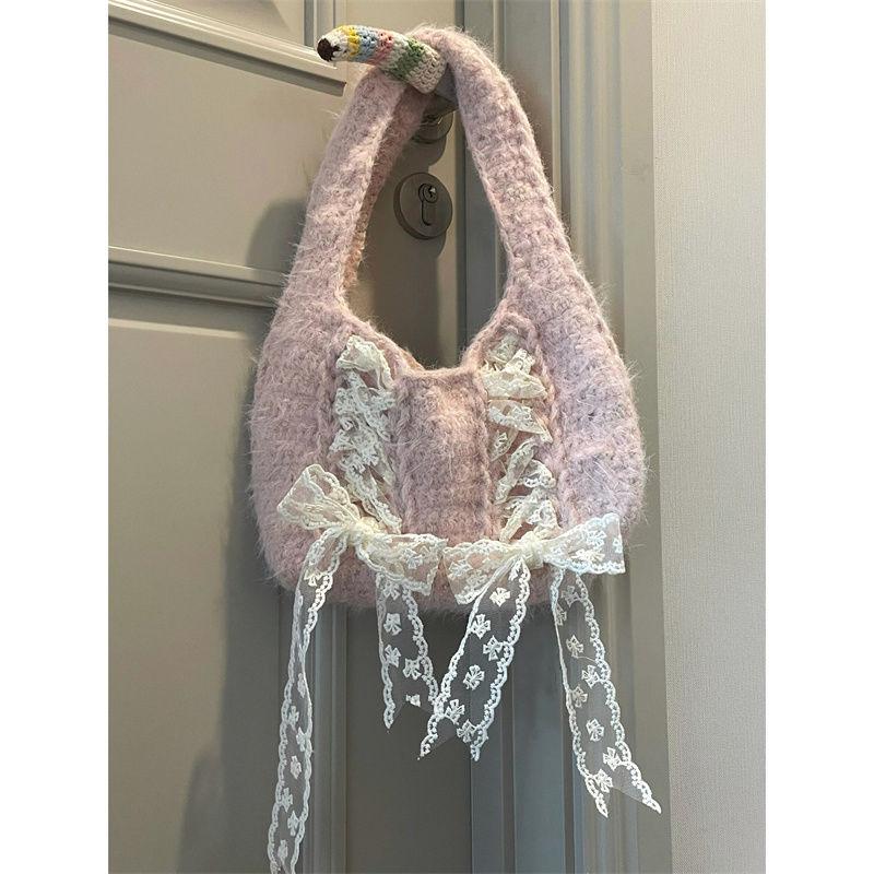 

JIAERDI Fairycore Pink Shoulder Bags Women Sweet Lace Bow Chic Knitted Bag Female Vintage Cute Underarm Bag Handbag Aesthetic рожевий
