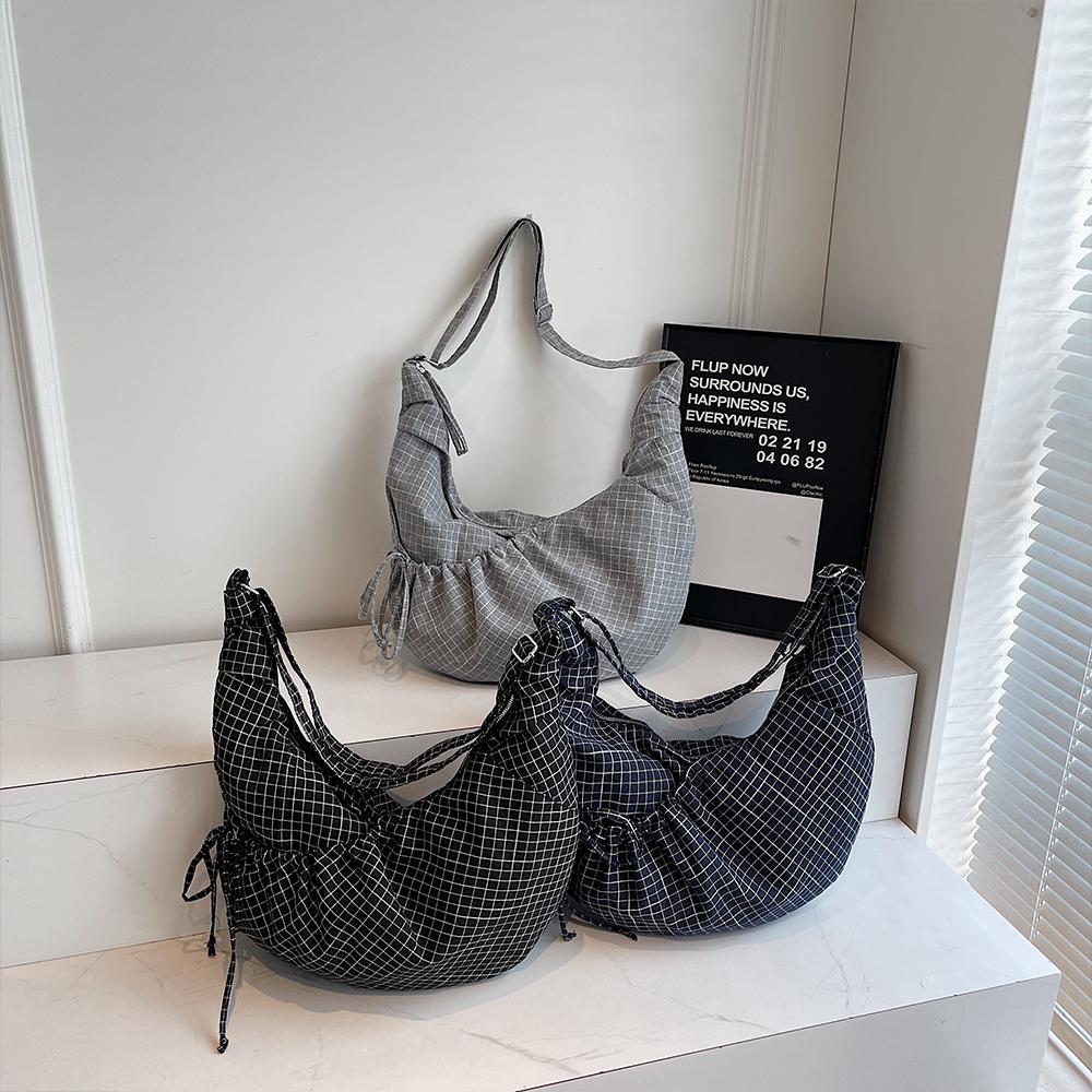 Korean Lazy Cow Horn Bag Large Capacity Canvas Bag Pleated Plaid Commuting Shoulder Crossbody Bag for Women