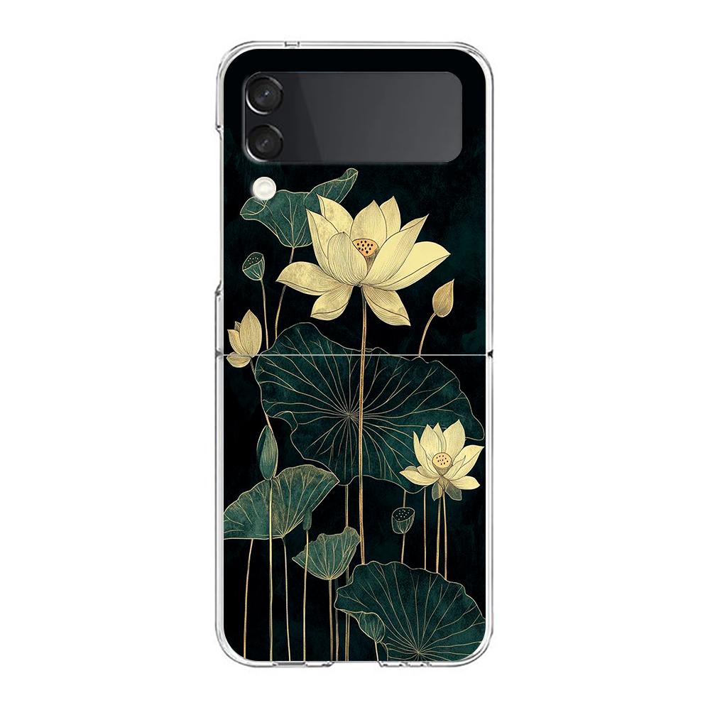 Transparent Phone Case For Samsung Galaxy Z Flip 3 4 5 6 7 Hard Folding PC Z Flip3 Flip4 Cover Ink Wash Painting Flower