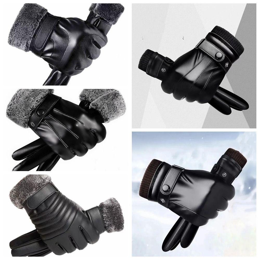 Men's PU Leather Gloves Keep Warm Motorcycle Full Finger Mittens  Man
