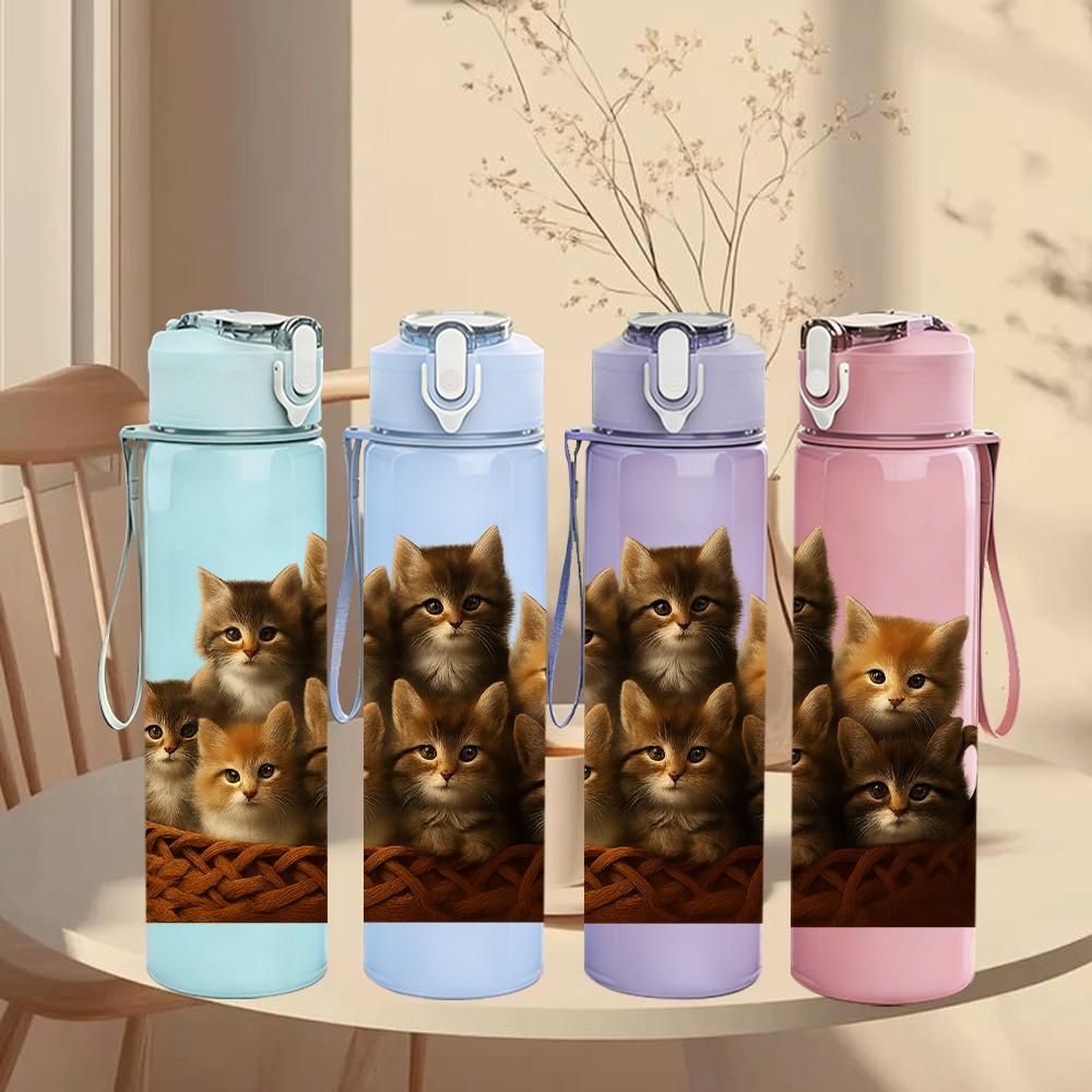 1PC Group Of Fluffy Kittens Print 750ml Color Plastic Sports Water Bottle Leakproof Flip Straw Lid Suitable for Sports Office Home Use